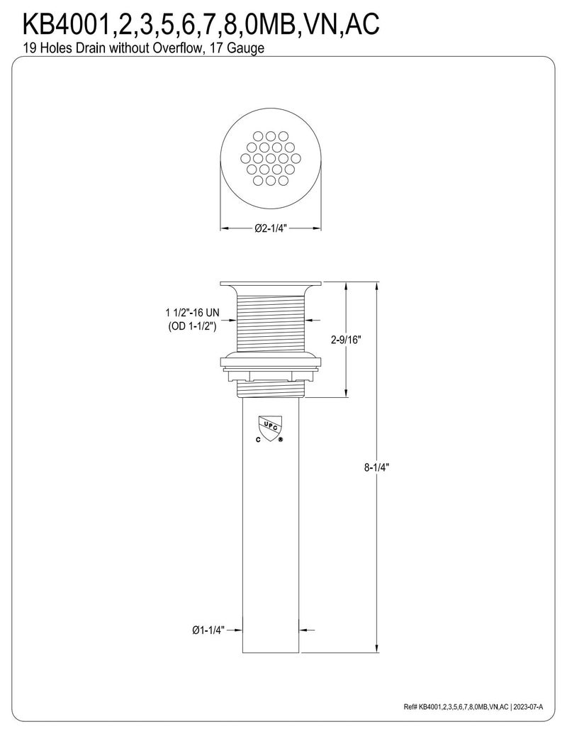 Fauceture Kingston Brass KB4007 Fauceture Grid Drain without Overflow, Brushed Brass, 8.25 x 2.25 x 2.25 - Image 2
